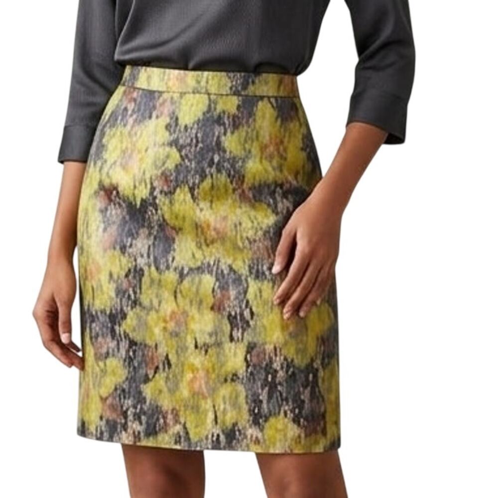 Magaschoni Collection Artsy Floral Skirt Womens Size 6 Yellow Multicolor Silk